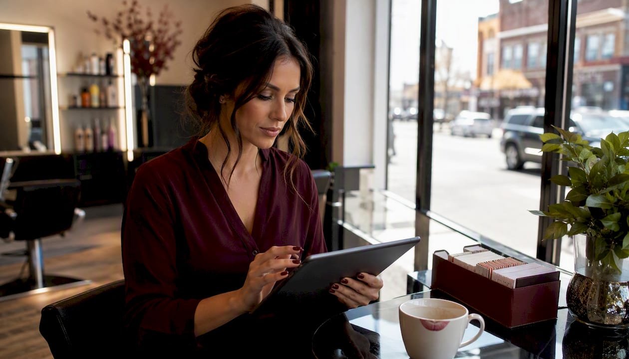 Stylist scrolling salon financial dashboard tablet