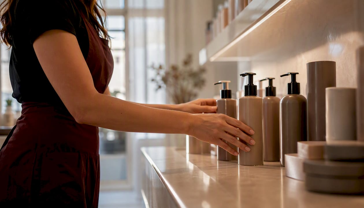 Stylist arranging retail products in salon
