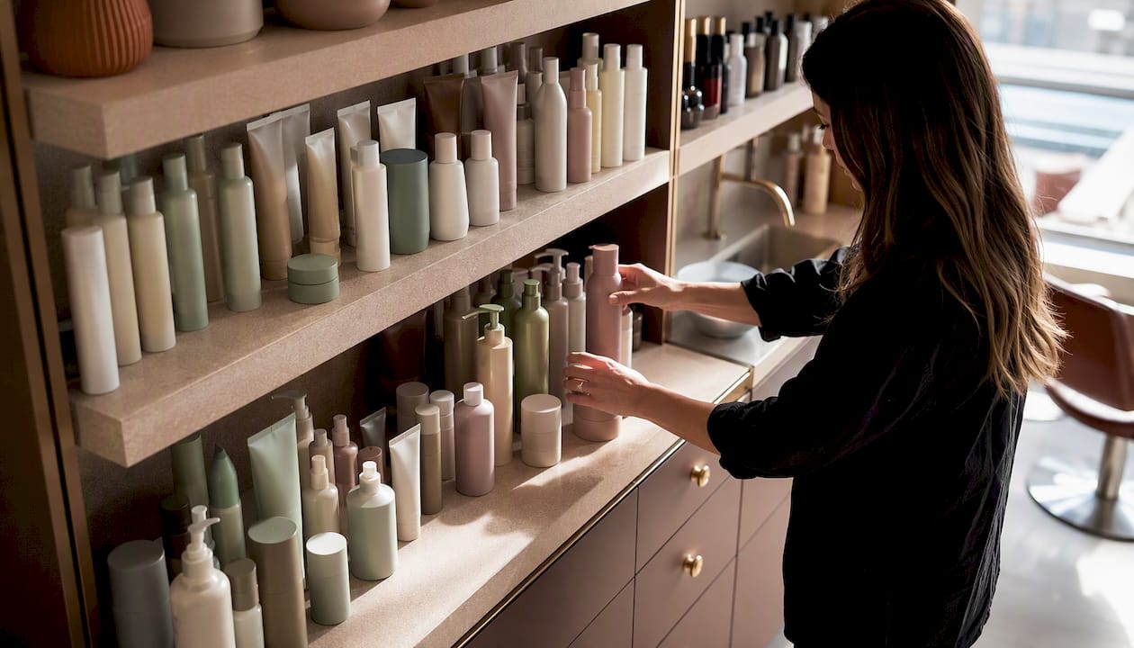 Hands arranging salon backbar products