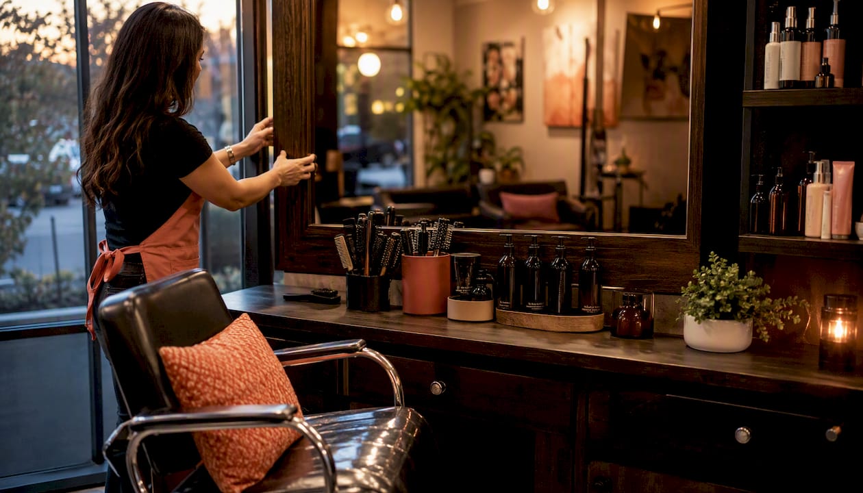 Salon booth rental setup with styling chair and tools