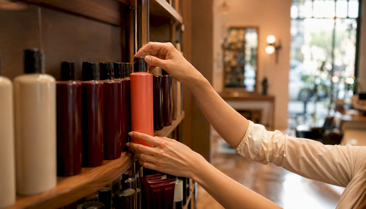 Hands arranging salon retail products
