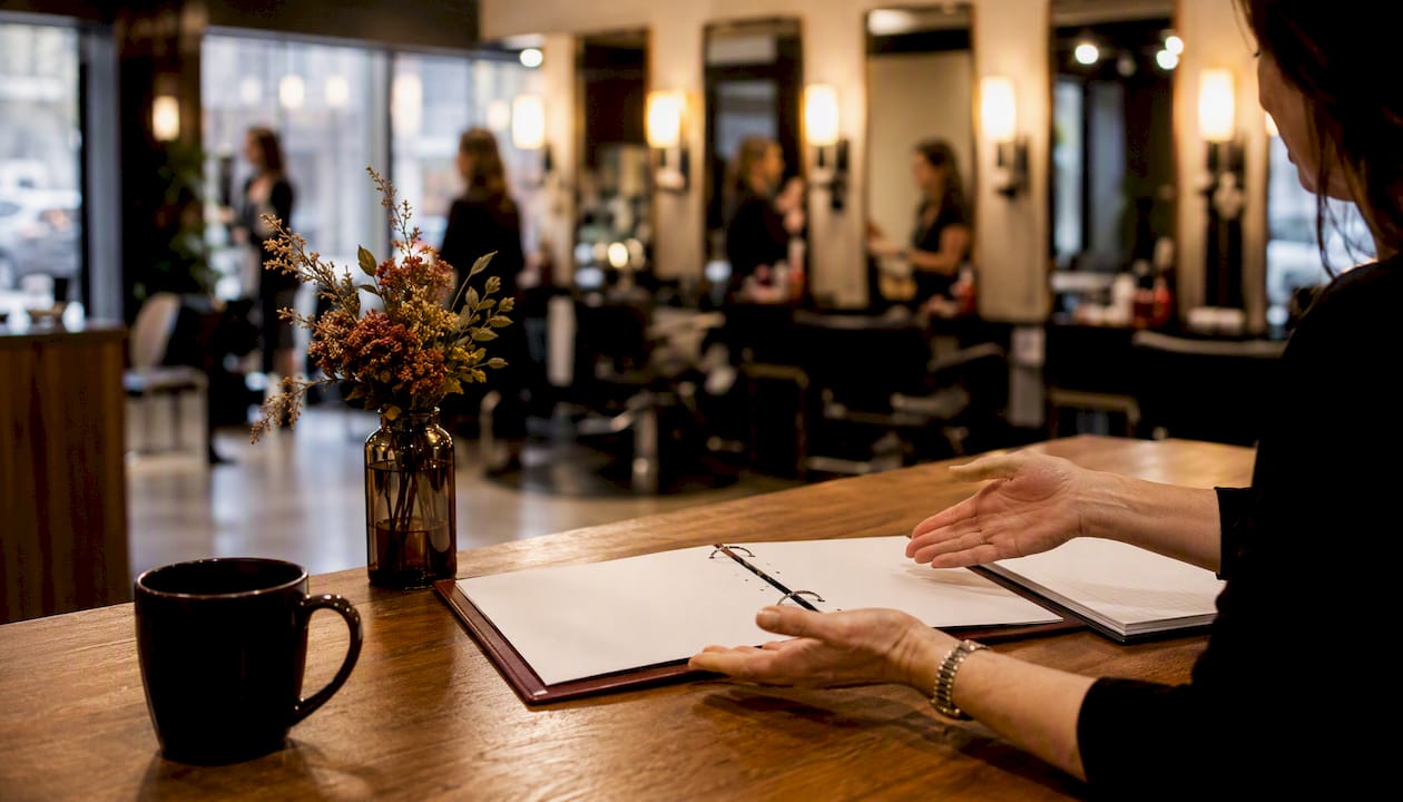 Reception desk with hands referencing salon policy book