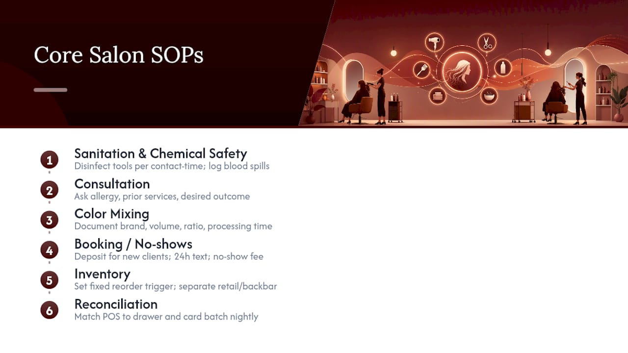 Diagram showing six core salon SOP categories