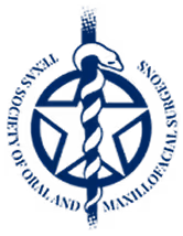 Logo of the Texas Society of Oral and Maxillofacial Surgeons featuring a caduceus intersecting a map outline of Texas with the society name in a circular arrangement.