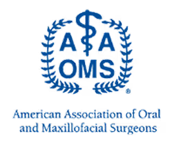 Logo of the American Association of Oral and Maxillofacial Surgeons featuring a caduceus with the letters AAOMS surrounded by laurel branches.