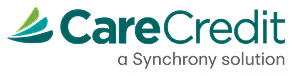 CareCredit logo with teal text and green graphic, including Synchrony solution branding.