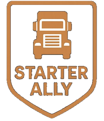 Escudo con un camión marrón encima de las palabras 'Starter Ally' en letra mayúscula.
