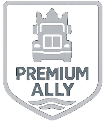 Escudo gris con un camión estilizado y el texto 'Premium Ally' debajo junto a una línea ondulada.