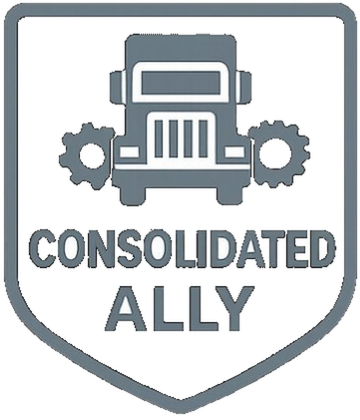 Escudo con un camión gris y dos engranajes a los lados, con el texto 'CONSOLIDATED ALLY'.