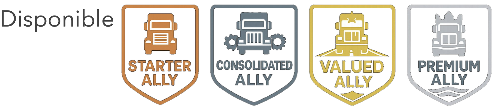 Cuatro emblemas de aliados disponibles: Starter Ally en naranja con camión, Consolidated Ally en gris con camión y engranajes, Valued Ally en dorado con camión y carretera, Premium Ally en plata con camión y corona.