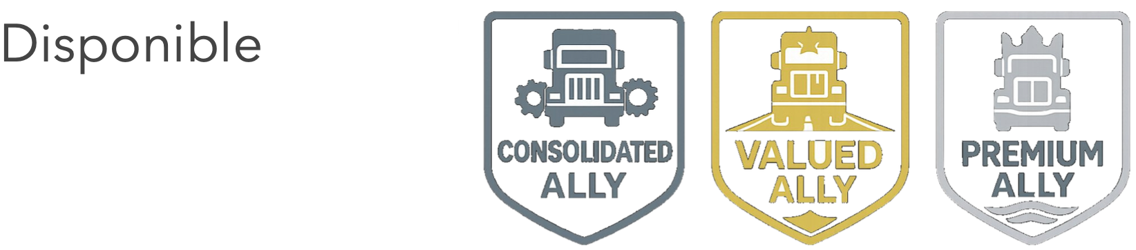 Iconos de aliados disponibles para transportistas: Consolidated Ally con camión y engranajes, Valued Ally con camión dorado y estrella, y Premium Ally con camión y olas.
