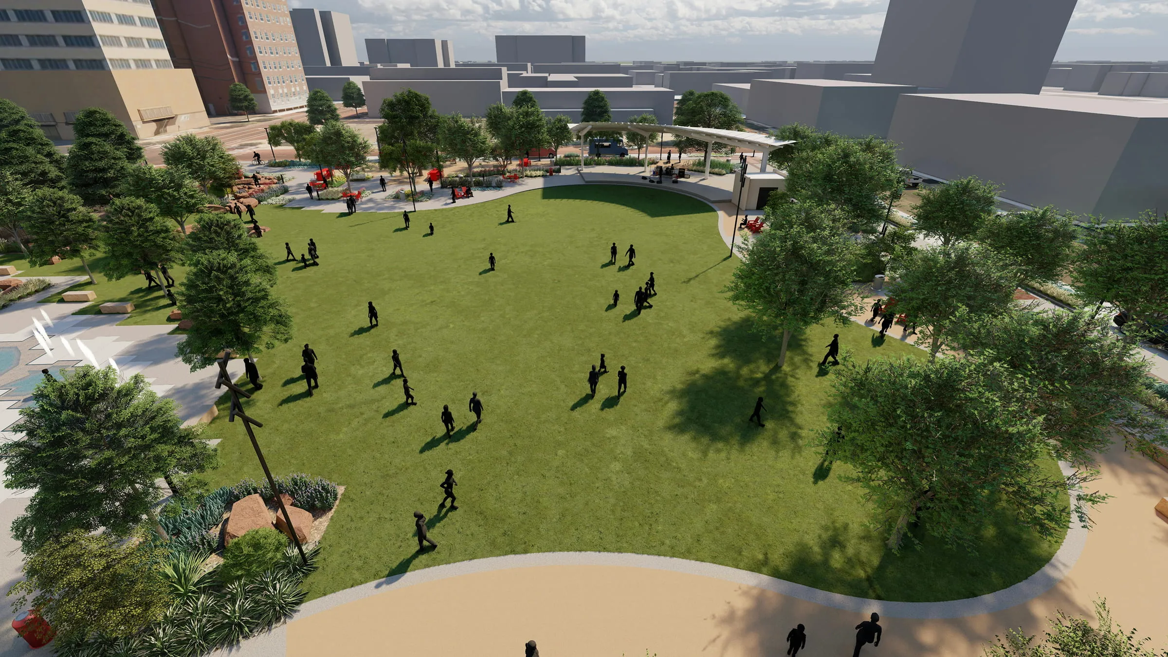 Rendering of a park with people on a large open lawn, surrounded by trees, a shade pavilion, and city buildings.
