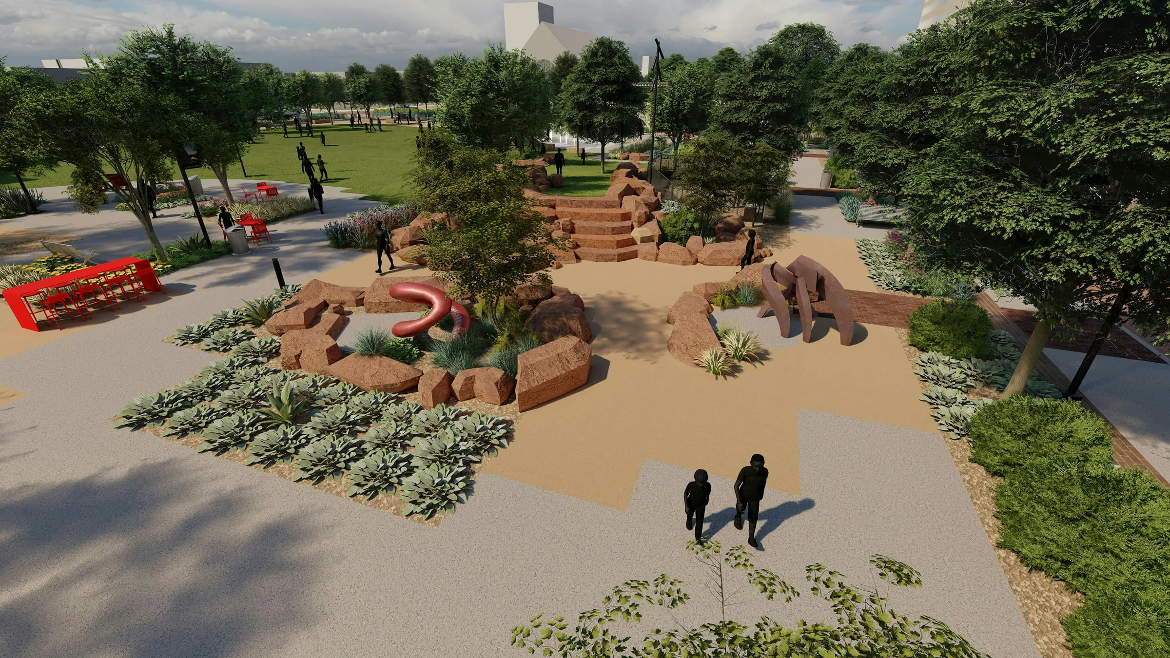 Rendering of a park plaza with red rock formations, sculptures, desert plants, and red seating.
