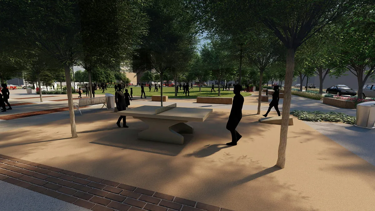 Rendering of a shaded park area with an outdoor ping-pong table and people among trees.