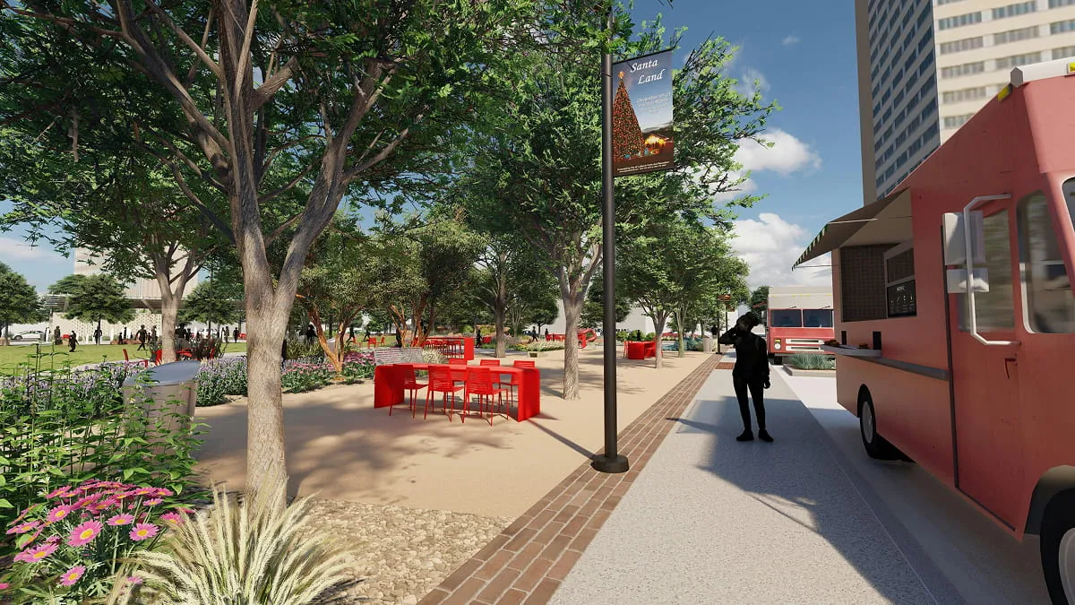 Rendering of a park walkway with red tables and chairs, a food truck, and flowering plants.