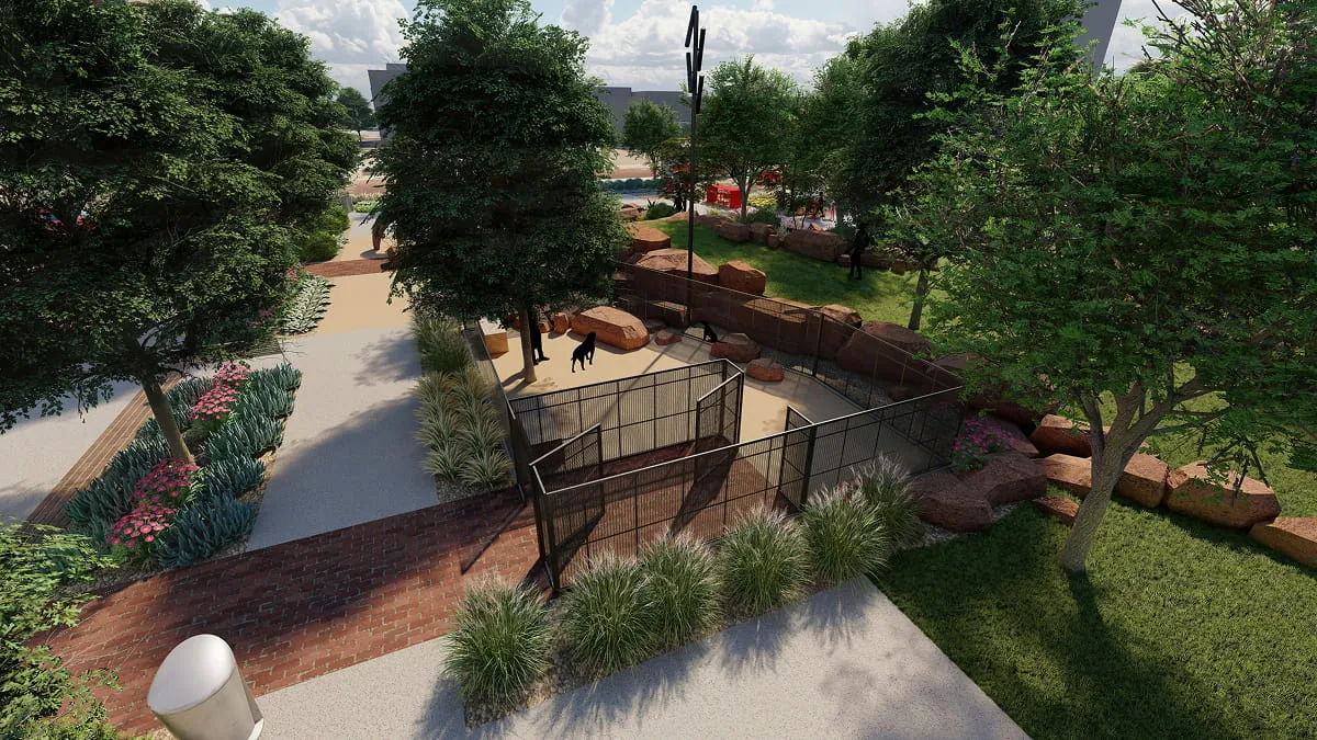 Rendering of a fenced dog park with a dog, boulders, trees, and flowering plants.