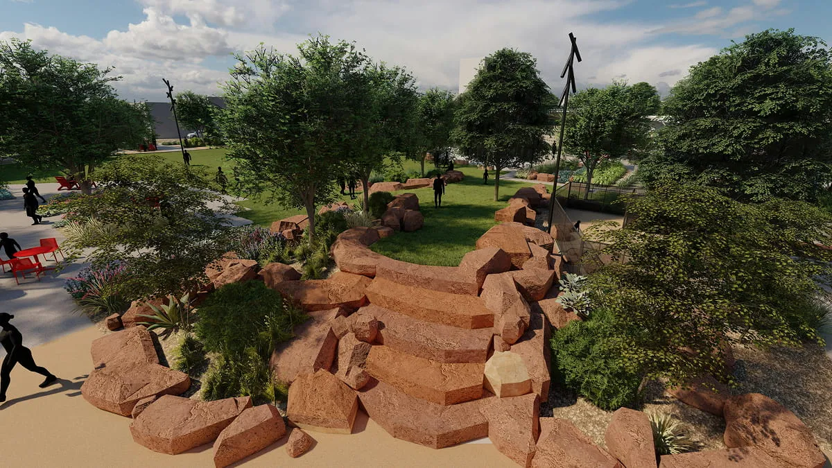 Rendering of a stepped red rock formation among trees and grass in a park.