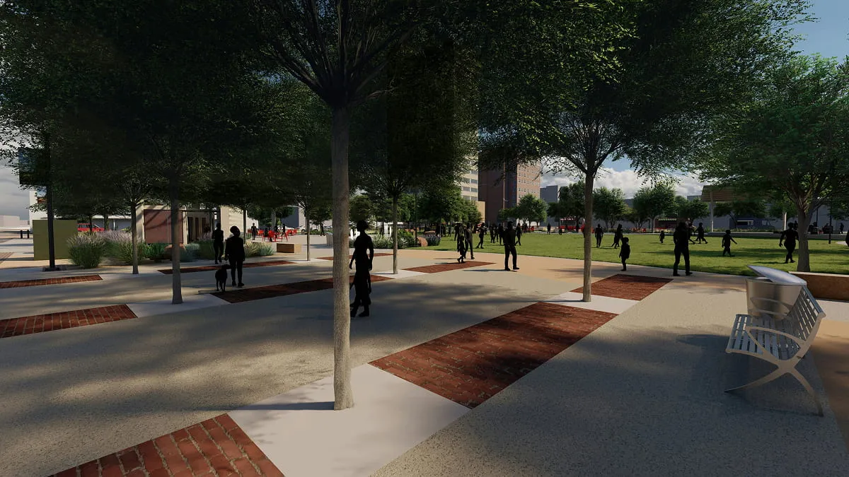 Rendering of a tree-lined park walkway with paved paths, benches, and people.