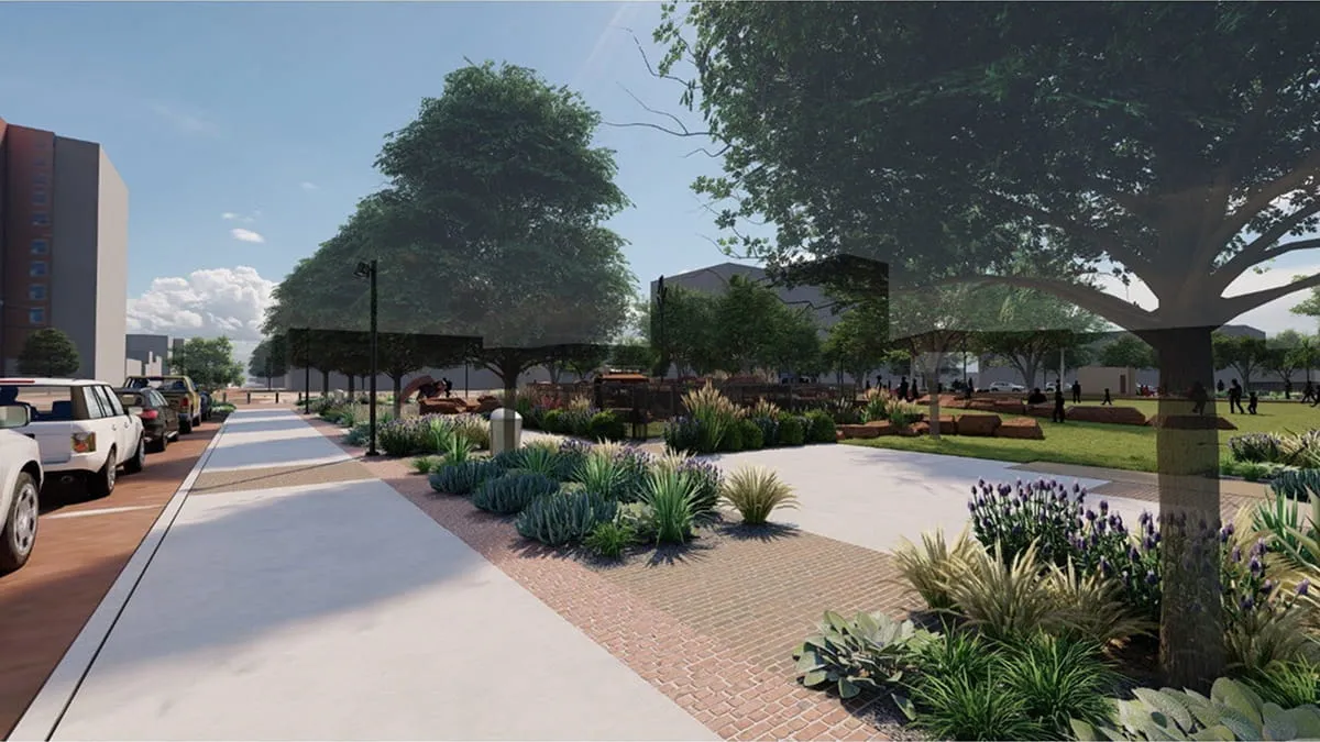 Rendering of a park street with parked cars, a walkway, trees, and desert plants.