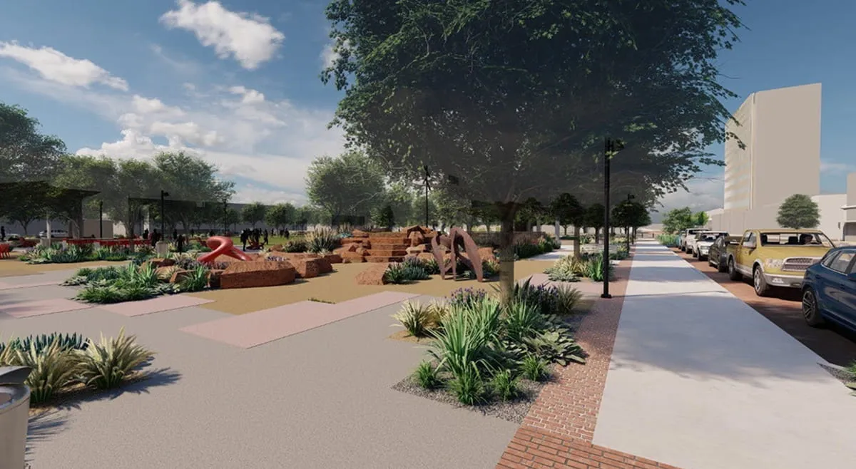 Rendering of a park with rock formations, sculptures, trees, and a street with parked cars.