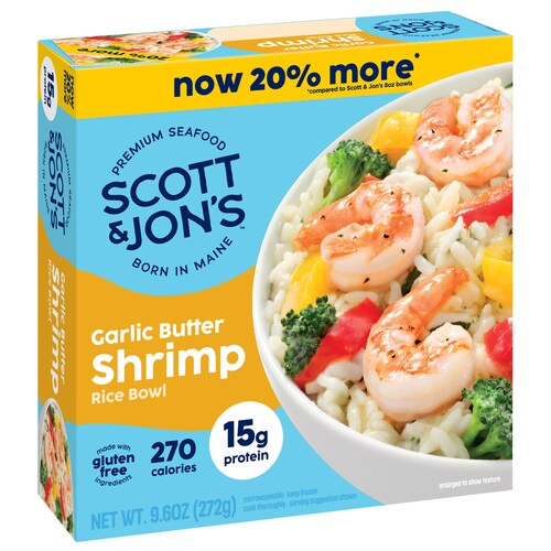 Garlic Butter Shrimp frozen meals from Scott & Jon's. Now with 20% More Food