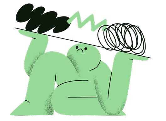 Green abstract figure sitting with hands raised, holding tangled and zigzag lines symbolizing confusion or frustration.