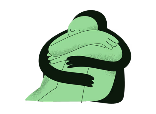Illustration of two figures embracing in a comforting hug, one light green and one dark green.