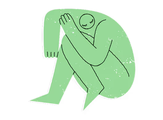Green stylized figure curled up with eyes closed, suggesting rest or introspection.