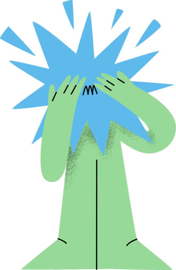 Illustration of a green figure covering their blue face with hands, surrounded by blue starburst shapes showing distress or shock.