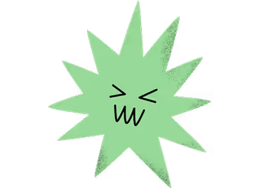 Green starburst shape with a scrunched, displeased facial expression.