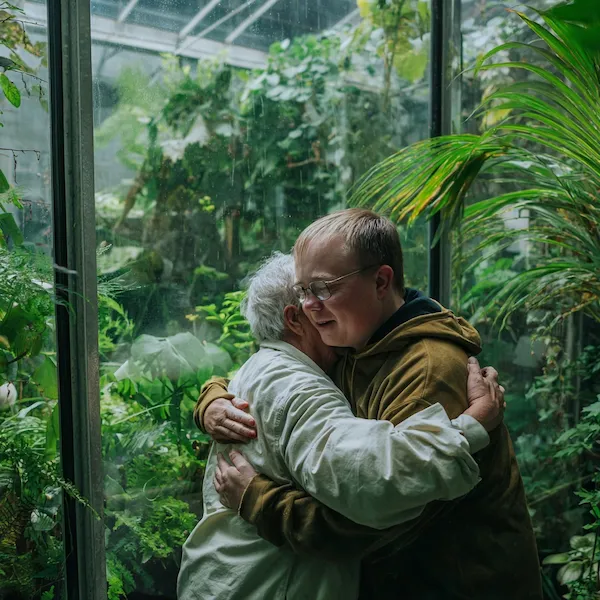 Two people warmly embracing inside a greenhouse filled with lush green plants.