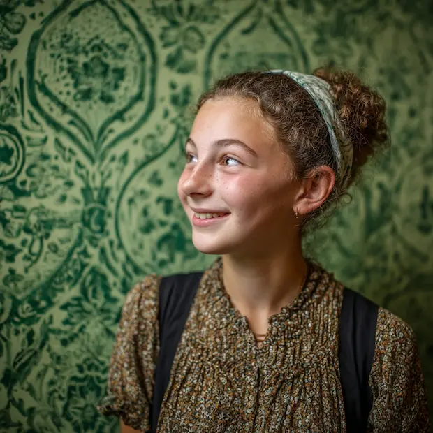 Young girl with curly hair in a floral dress and headband smiling and looking to the side against a green patterned background.