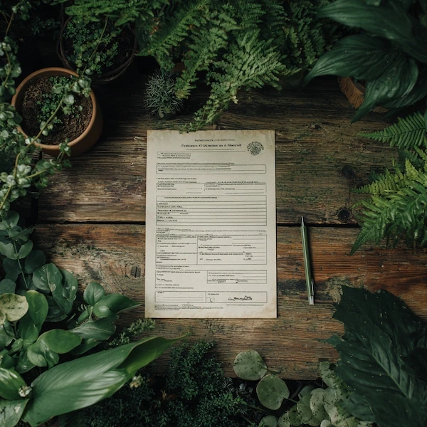 A document with text and form fields placed on a rustic wooden table surrounded by various green houseplants and a silver pen beside it.