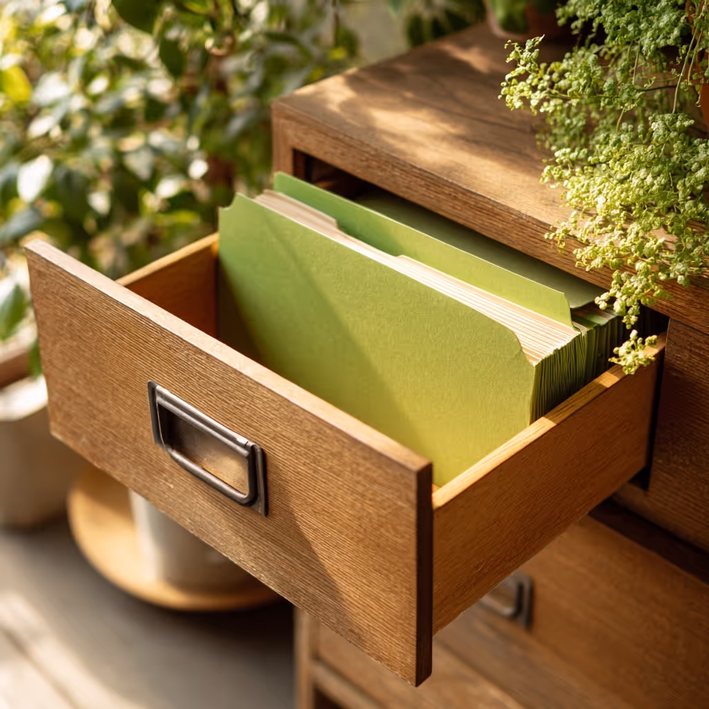 Open wooden drawer filled with green file folders beside potted plants.