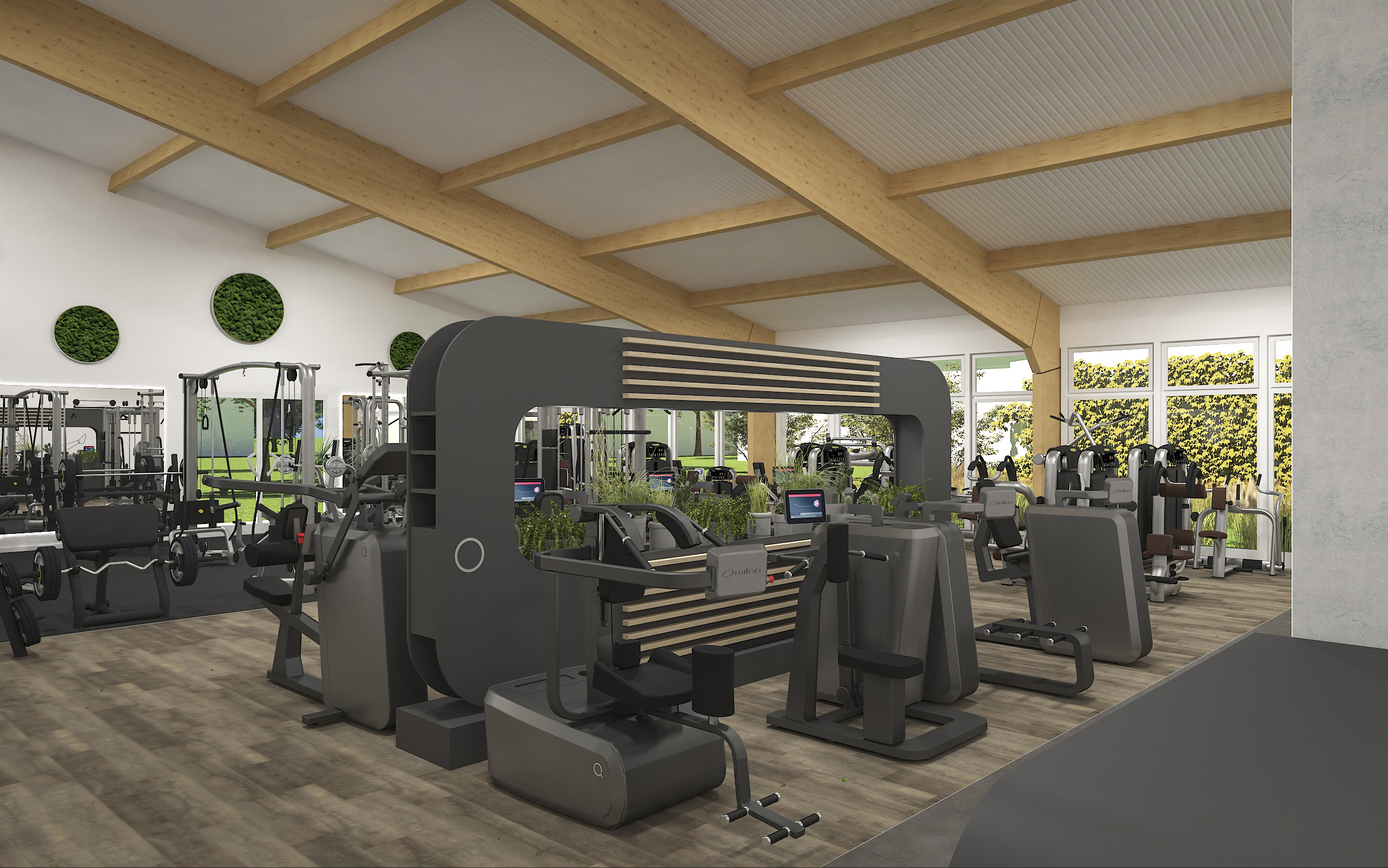 Modern gym interior with wooden beams, various exercise machines, and greenery decorations.