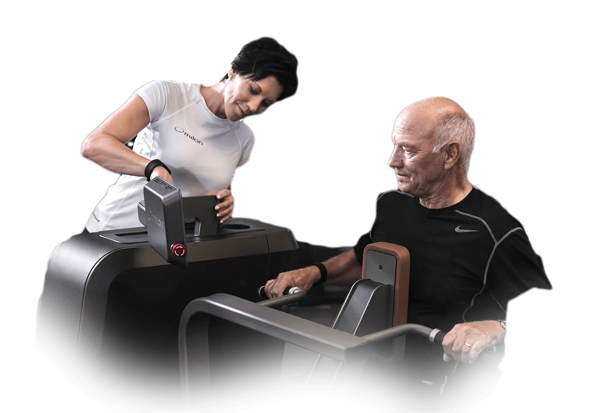 Female trainer assisting an elderly man using strength training equipment in a fitness session.