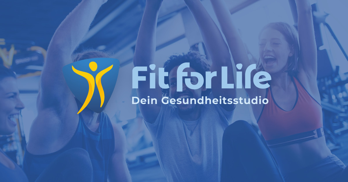 Group of smiling people exercising together in a gym with Fit For Life logo and the text 'Dein Gesundheitsstudio'.