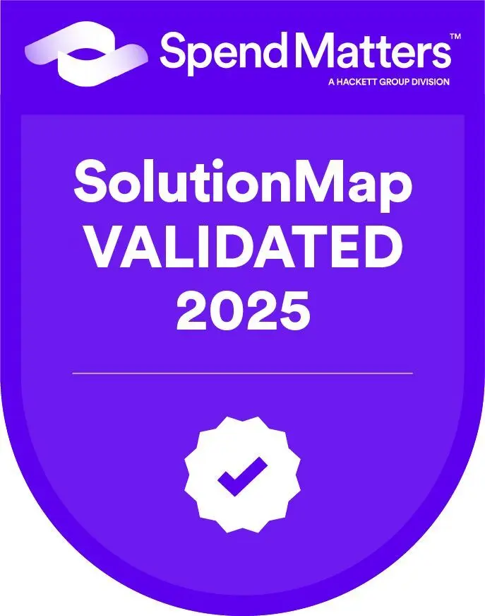 Spend Matters SolutionMap Validated 2025 badge with checkmark icon on purple background.