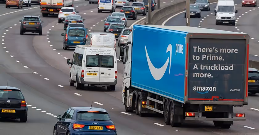 Amazon truck driving on highway