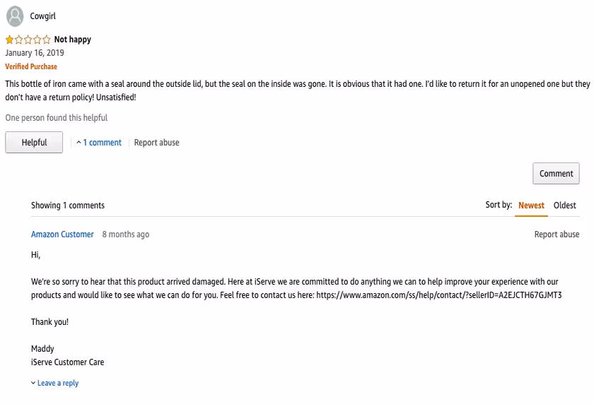 Product Review Not Happy