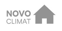 Logo de NOVO CLIMAT avec une silhouette de maison grise à droite du texte.