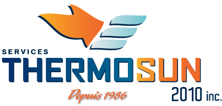 Logo de ThermoSun avec un symbole représentant un soleil stylisé en orange et en bleu, le texte "SERVICES THERMO SUN Depuis 1986 2010 inc." en bleu et orange.