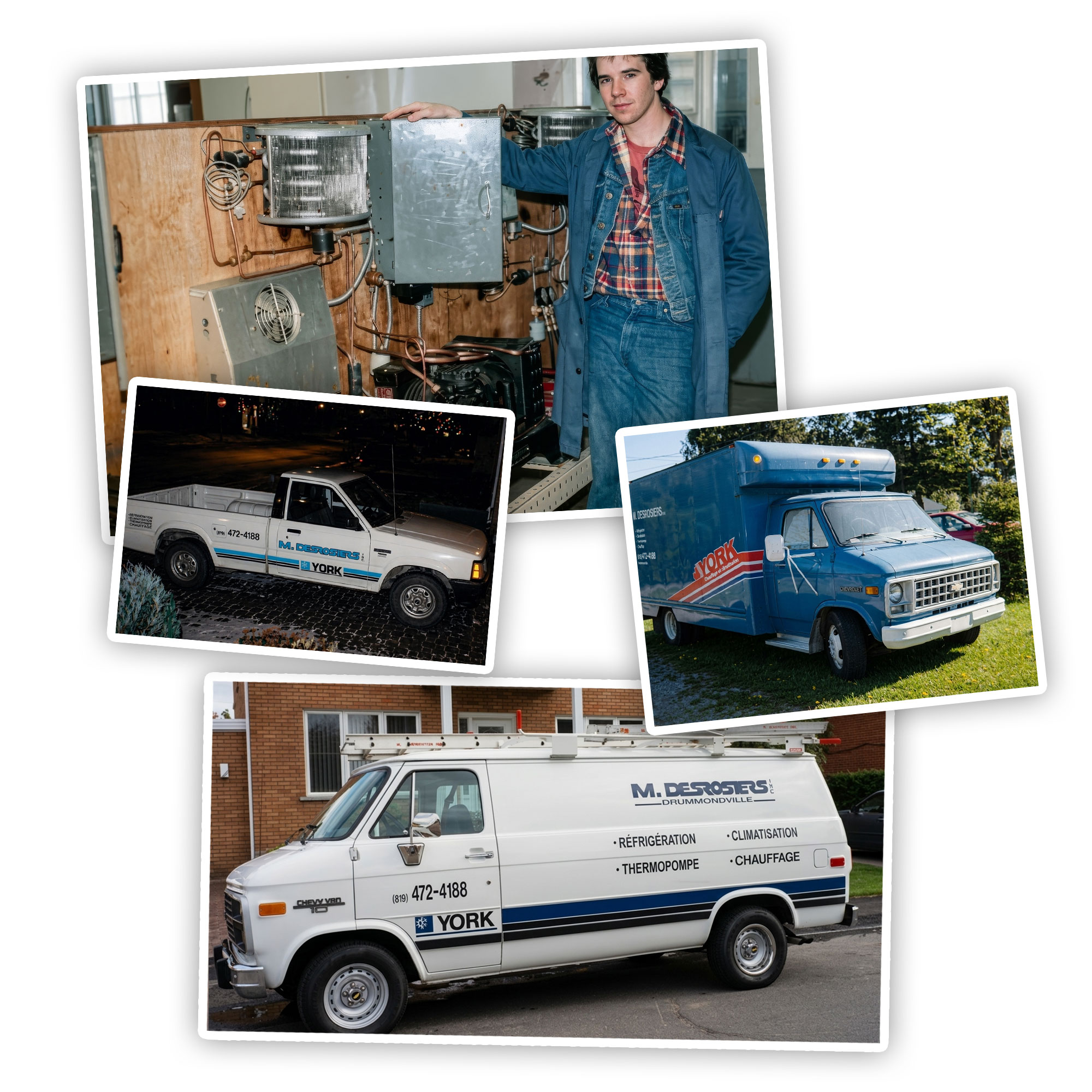 Collage de quatre photos montrant l'histoire de M. Desrosiers : un homme jeune posant devant une unité de réfrigération industrielle, un petit camion blanc de nuit avec le logo M. Desrosiers et York, un camion bleuté avec le logo York stationné sur l'herbe, et une fourgonnette blanche de jour affichant le logo M. Desrosiers Drummondville, York, et les services de réfrigération, climatisation, thermopompe et chauffage.