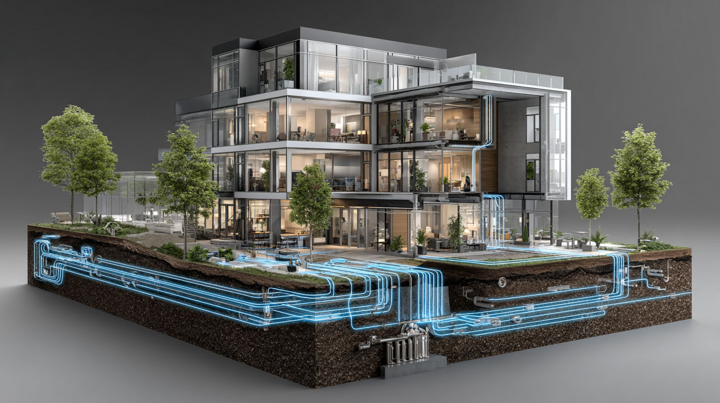 Vue en coupe d'un bâtiment moderne à plusieurs étages avec un système géothermique intégré illustré par des tuyaux bleus sous le sol et dans les murs, démontrant le flux de chaleur et de liquide pour le chauffage et la climatisation, entouré d'arbres et de zones paysagées.