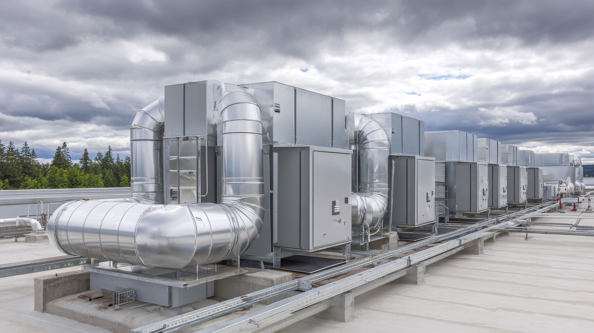 Série d'unités de ventilation industrielles métalliques installées sur un toit plat sous un ciel nuageux, avec des conduits d'air circulaires en métal brillant.