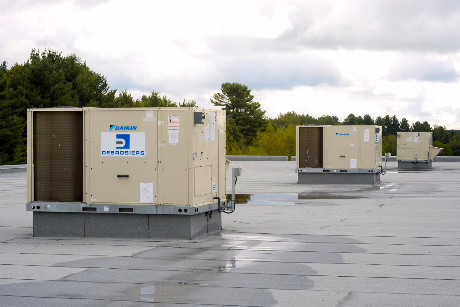 Trois unités de climatisation Daikin installées sur le toit d'un bâtiment plat, avec des arbres verts à l'arrière-plan sous un ciel nuageux.