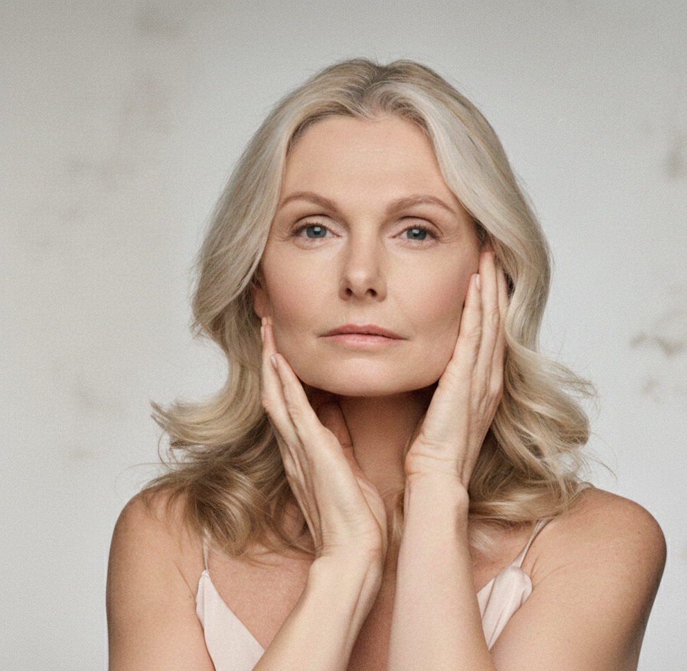 Middle-aged woman with blonde hair gently touching her face with both hands.