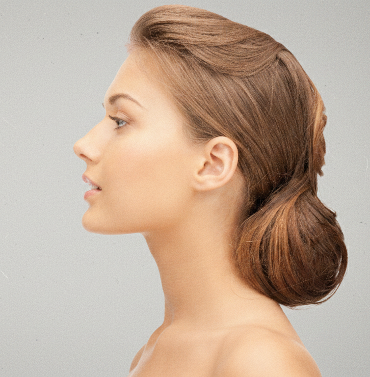 Profile of a woman with neatly styled brown hair in a low bun against a plain gray background.