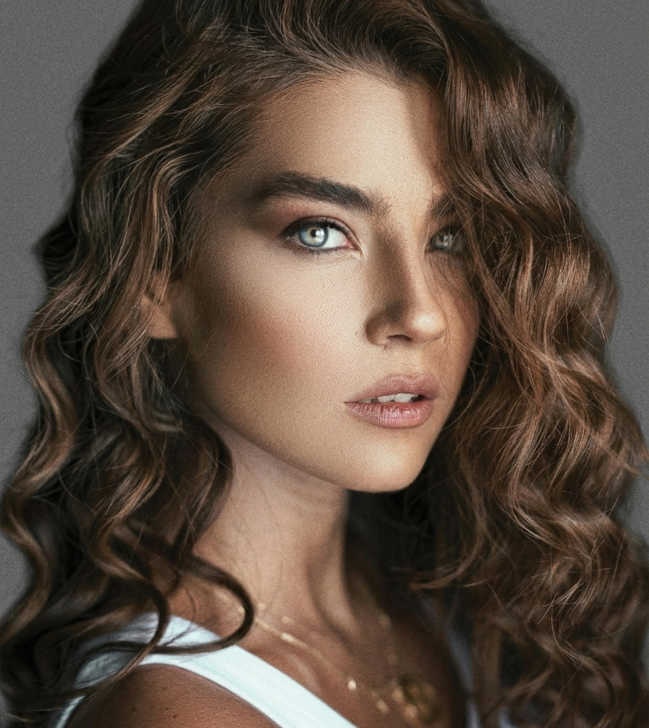 Close-up portrait of a young woman with curly brown hair and blue eyes, wearing a white top.