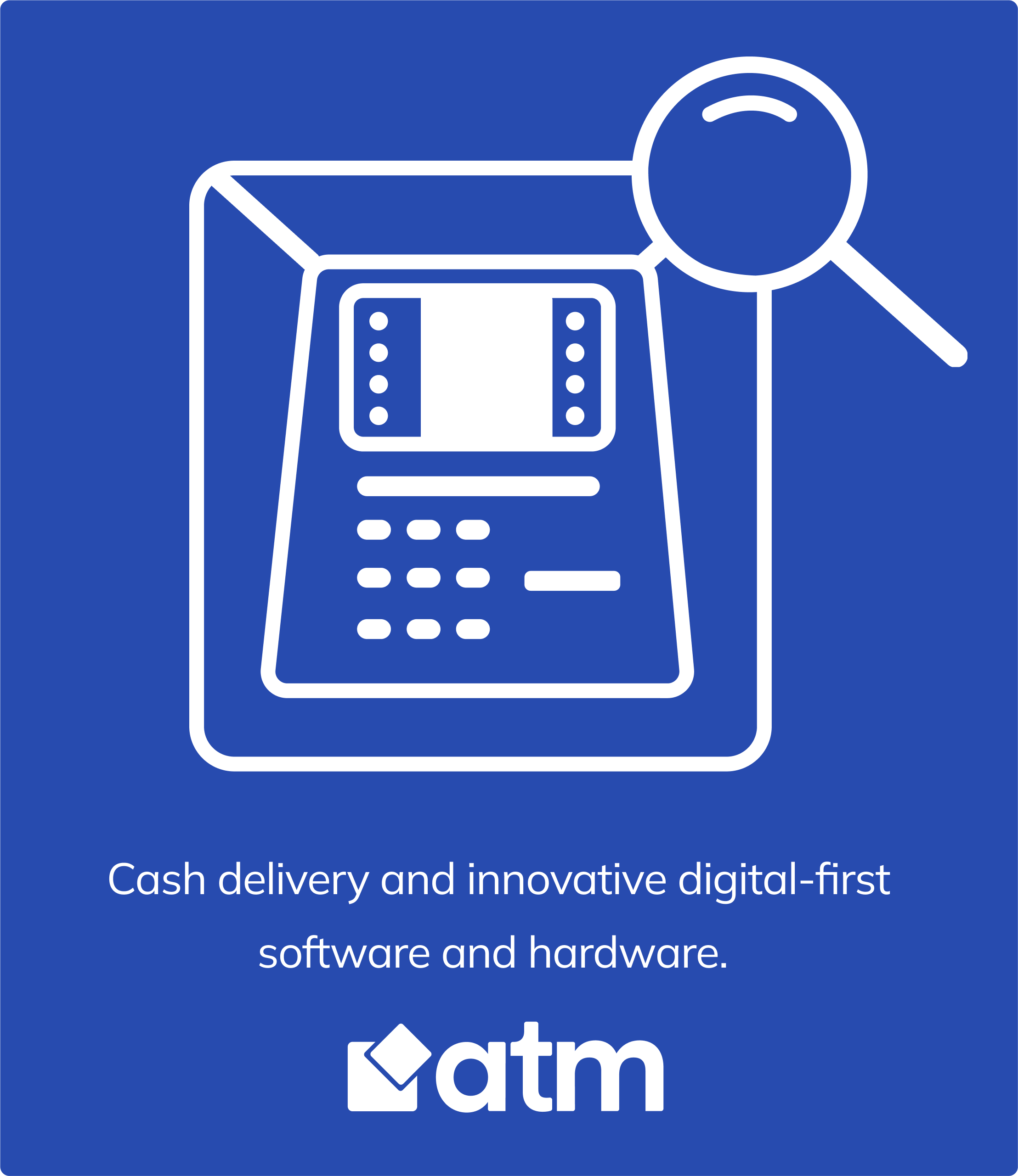 A blue background with a white outline of a atm and a magnifying glass.